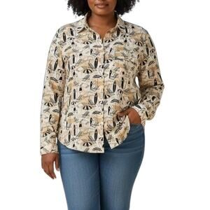 Karl Lagerfeld Black Surf Print Blouse Long Sleeve Chiffon Button Down Large